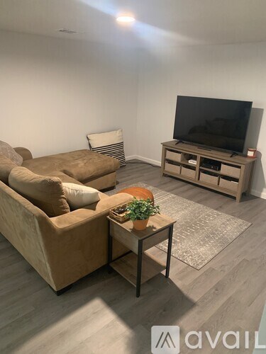 A living room with a brown couch, a coffee table with a plant, and a television on a wooden stand.