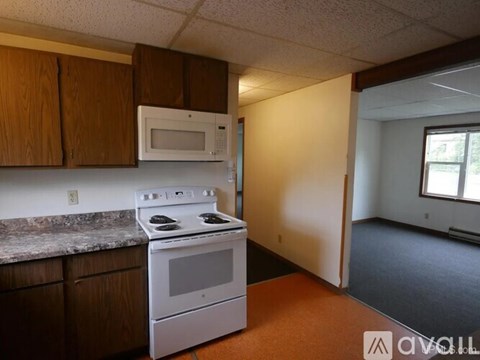 A kitchen with a white stove and microwave above a counter.