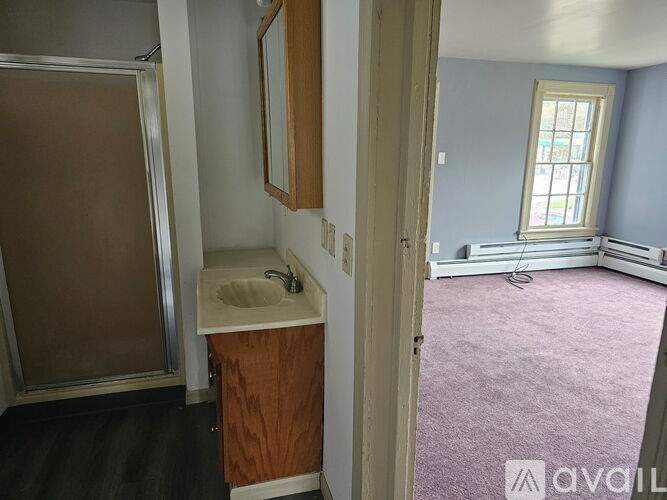 A bathroom with a sink and mirror in a room with purple carpeting.