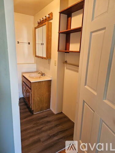 A bathroom with a sink and a mirror.