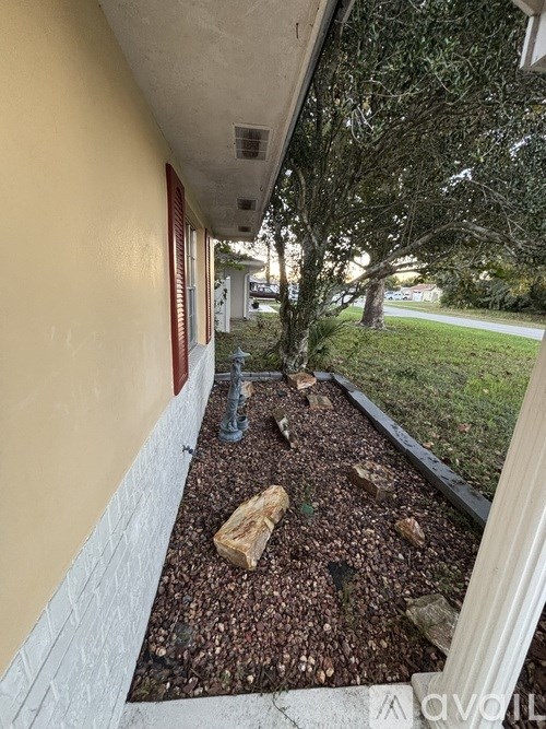 A small tree in a landscaped area next to a building.