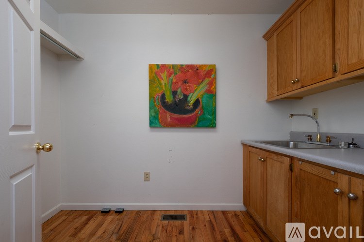 A painting of a smiling face hangs on a white wall above a kitchen sink.