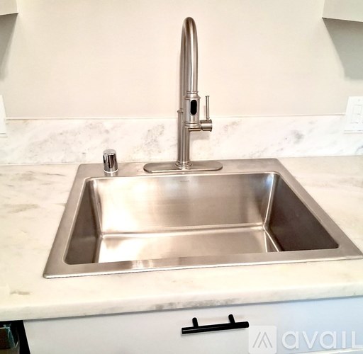 A stainless steel kitchen sink with a faucet.