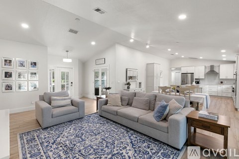 A living room with a grey couch and a blue rug.