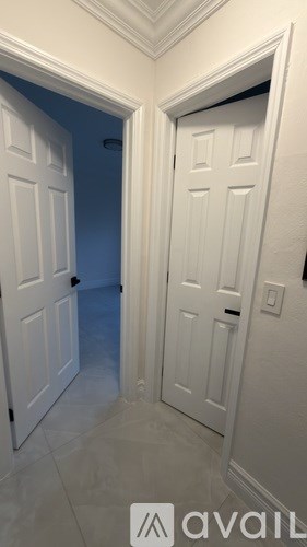 A hallway with two white doors.