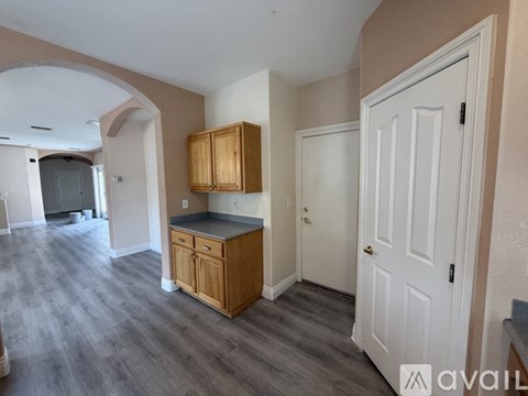 A kitchen area with a wooden cabinet and a white door.