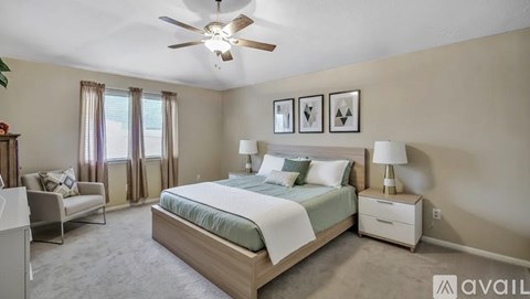 A bedroom with a large bed, a ceiling fan, and a nightstand with a lamp.