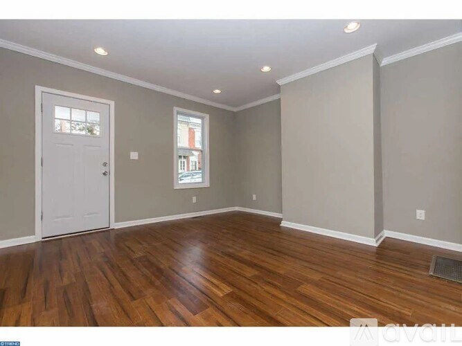 A room with wooden floors and a white door.