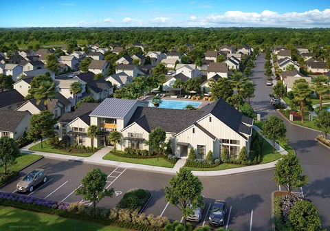 A residential area with houses and a swimming pool.