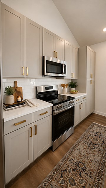 A kitchen with a stove top oven and a microwave above it.