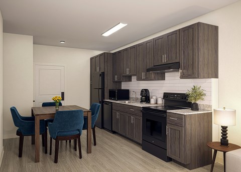 A modern kitchen with dark wood cabinets and a dining table with four chairs.