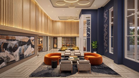 A modern living room with a large abstract painting on the wall and a variety of seating options.