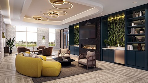 A modern living room with a yellow sofa and a fireplace.