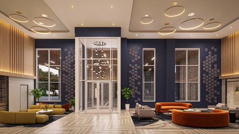 A modern lobby with a large glass door and a patterned wallpaper.