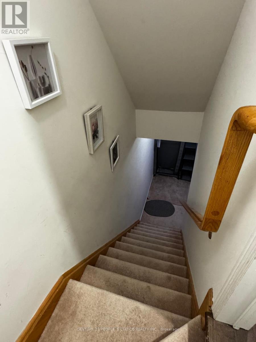 A staircase with beige carpet and wooden handrails.