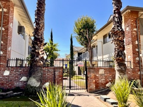 A house with a black gate and a palm tree in front.