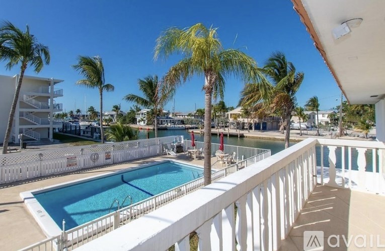 A pool surrounded by palm trees and a white fence.