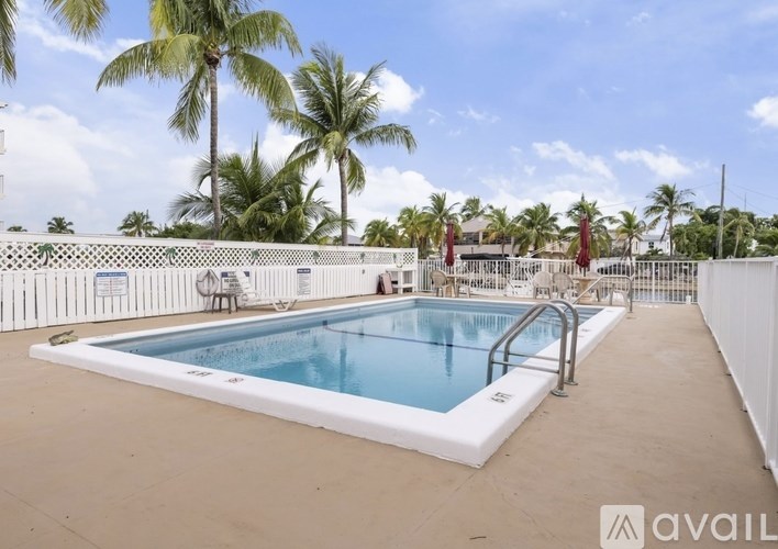 A pool surrounded by palm trees and a white fence.
