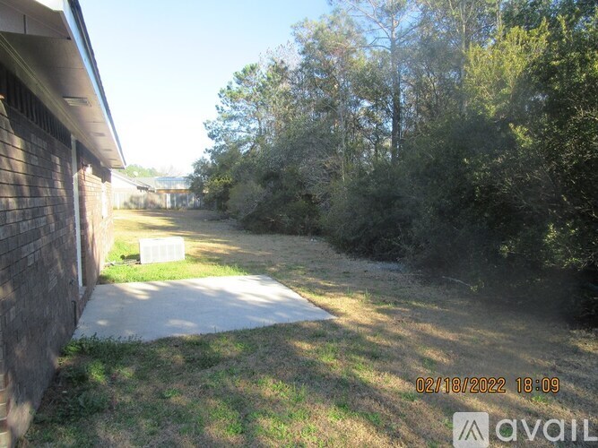 A backyard with a concrete path and a wooden fence.