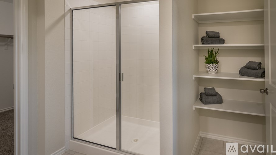A bathroom with a glass shower door and shelves with towels and a plant.