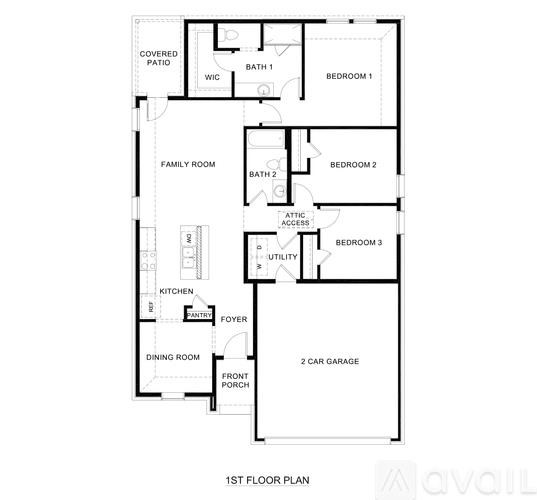 A black and white image of a 1st floor plan of a house.