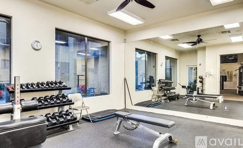 A gym with a variety of equipment including dumbbells, weight plates, and a bench press.