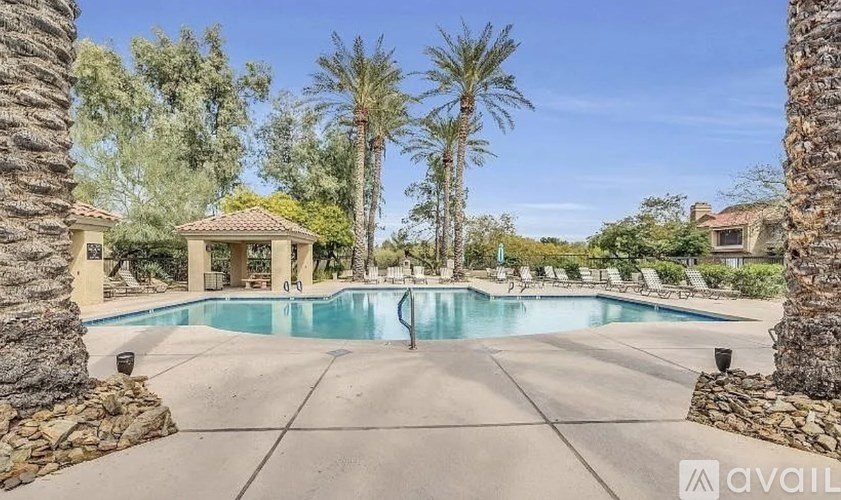 A pool surrounded by palm trees and stone pillars.