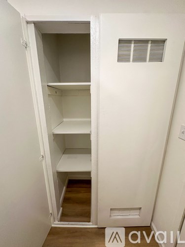 A white pantry with an open door and shelves.