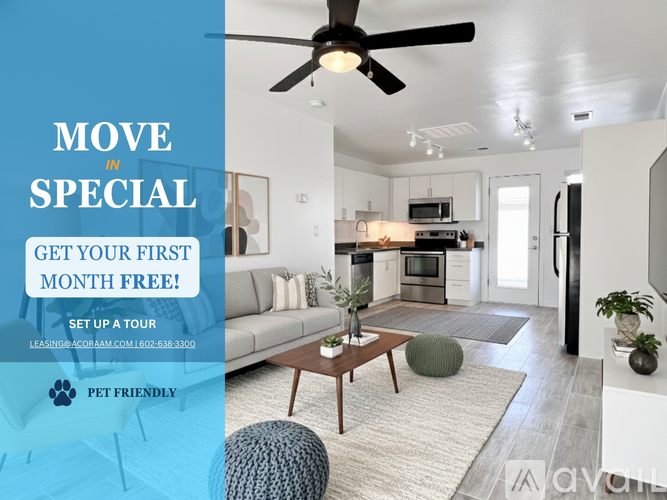 A promotional image for a move-in special, offering a first month free and a tour of a modern kitchen and living space.