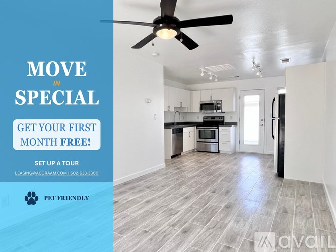 A promotional image for a move-in special, offering a first month free and a tour of a modern kitchen and living space.