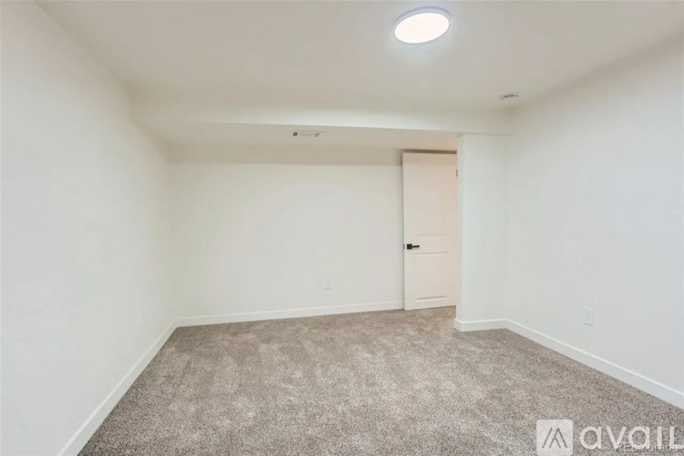 A room with a carpeted floor and a closed door.