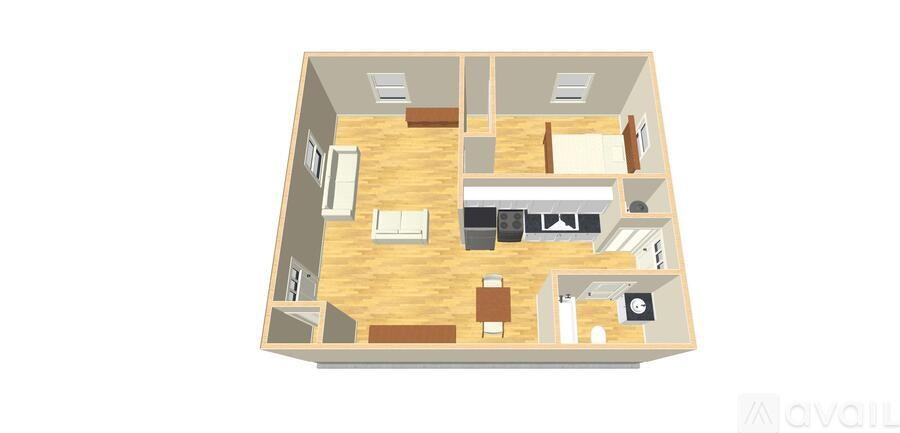A floor plan of a house with a kitchen, living room, and two bedrooms.
