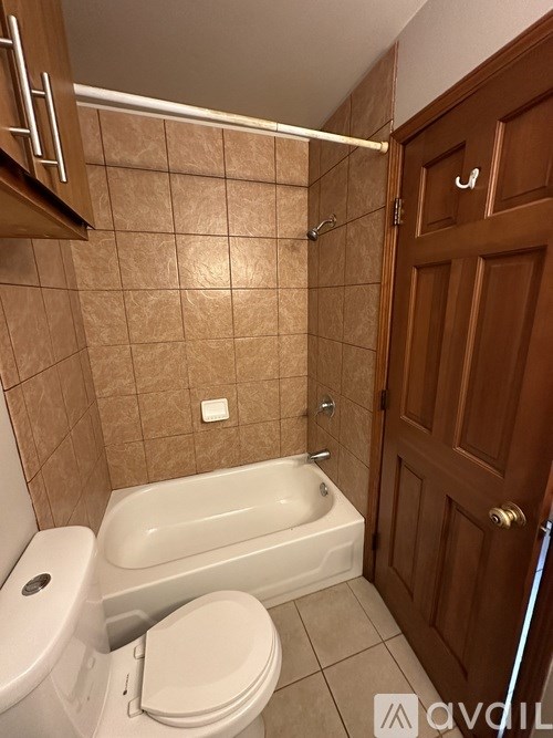 A bathroom with a toilet, tub, and wooden door.