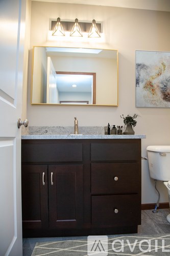 A bathroom with a sink and a mirror above it.