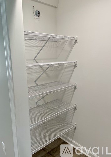 Empty shelves in a white pantry.