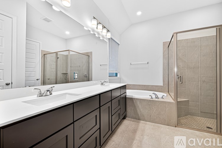 A modern bathroom with a walk-in shower and double sinks.