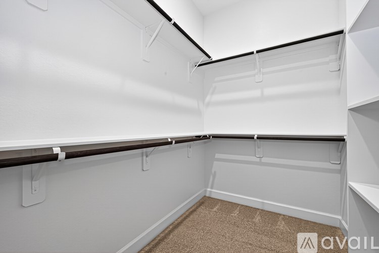 A white storage room with shelves and a carpeted floor.