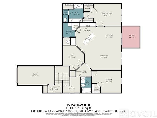 A floor plan of a house with a total area of 1530 sq. ft, including details of each room and their respective sizes.