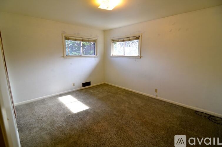 A room with a carpeted floor and two windows.