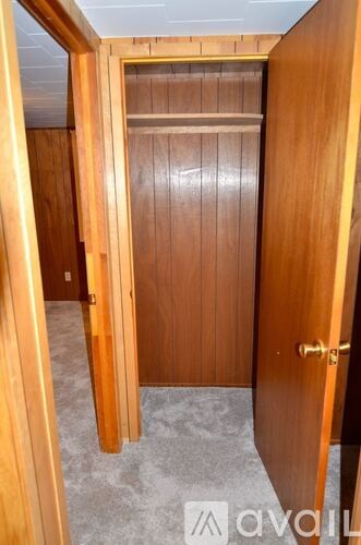 A wooden door with a brass handle is open.