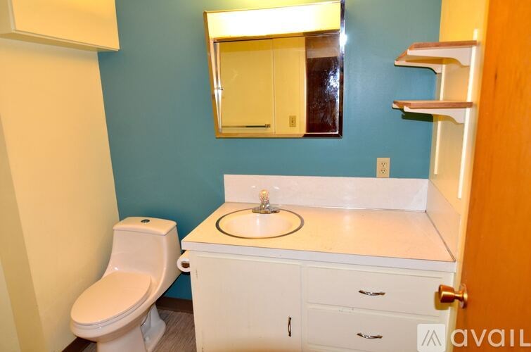 A bathroom with a toilet, sink, and mirror.