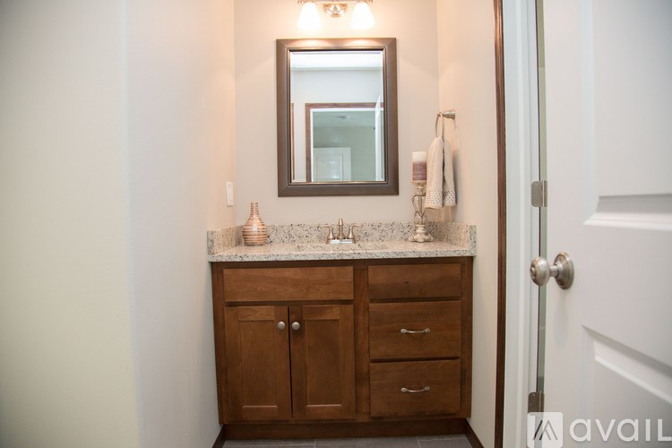 A bathroom with a mirror, sink, and wooden cabinets.