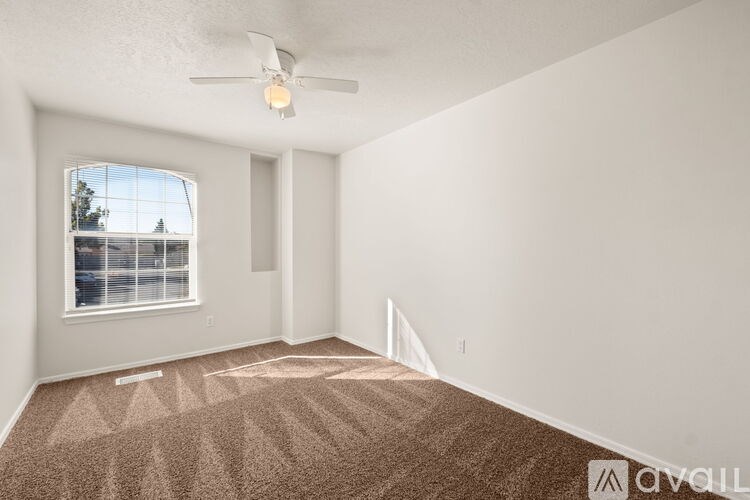 A room with a carpeted floor and a ceiling fan.