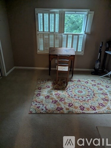 A room with a rug, a chair and a window with blinds.
