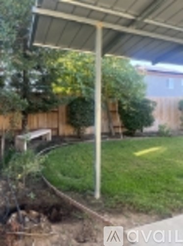 A white pole stands in a grassy yard.