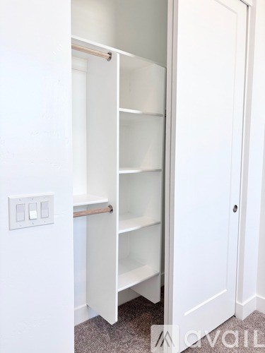 A white closet with shelves and a light switch on the wall.