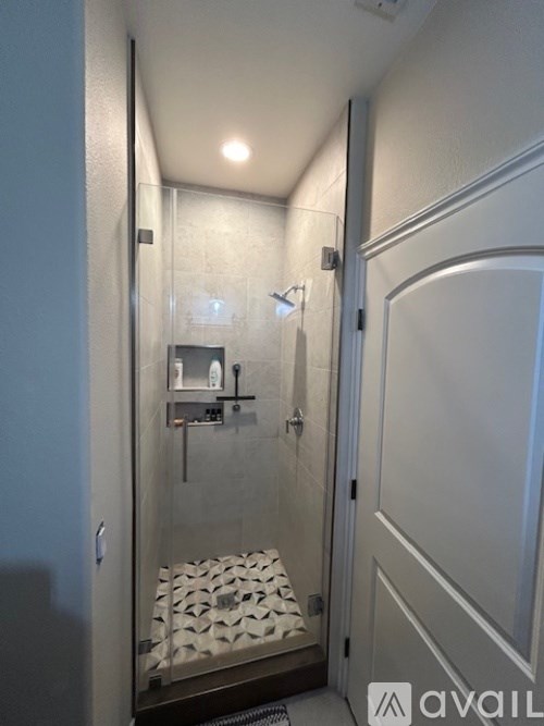 A bathroom with a glass shower stall and a white door.