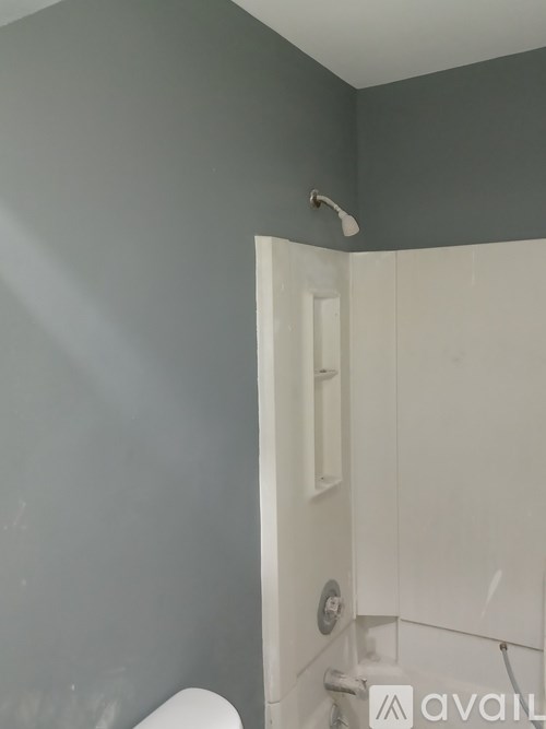 A bathroom with a shower head and a door.