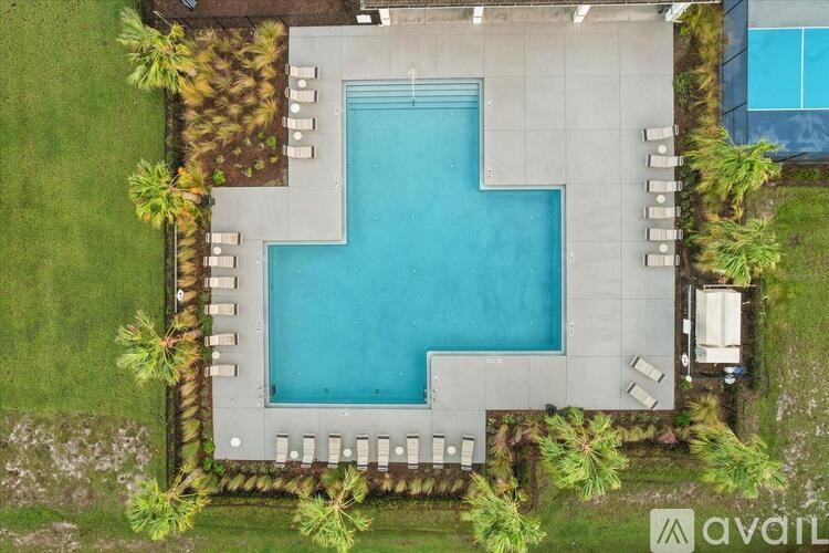 An aerial view of a pool surrounded by palm trees and a concrete patio.