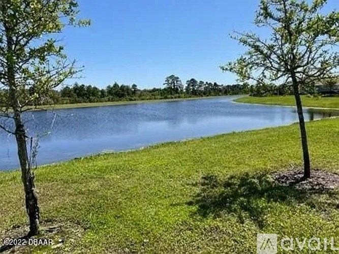 A serene landscape featuring a lake, grass, and trees.